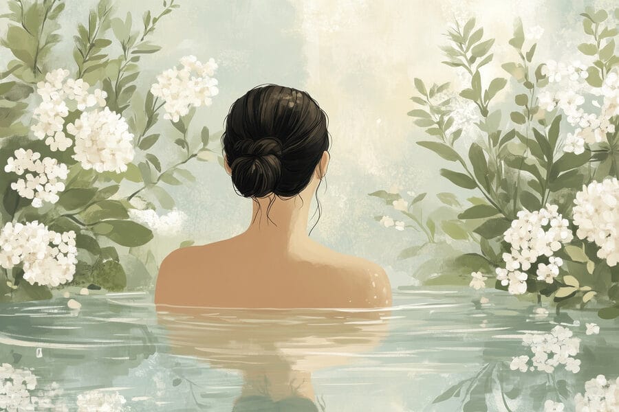 Mujer en el agua con flores