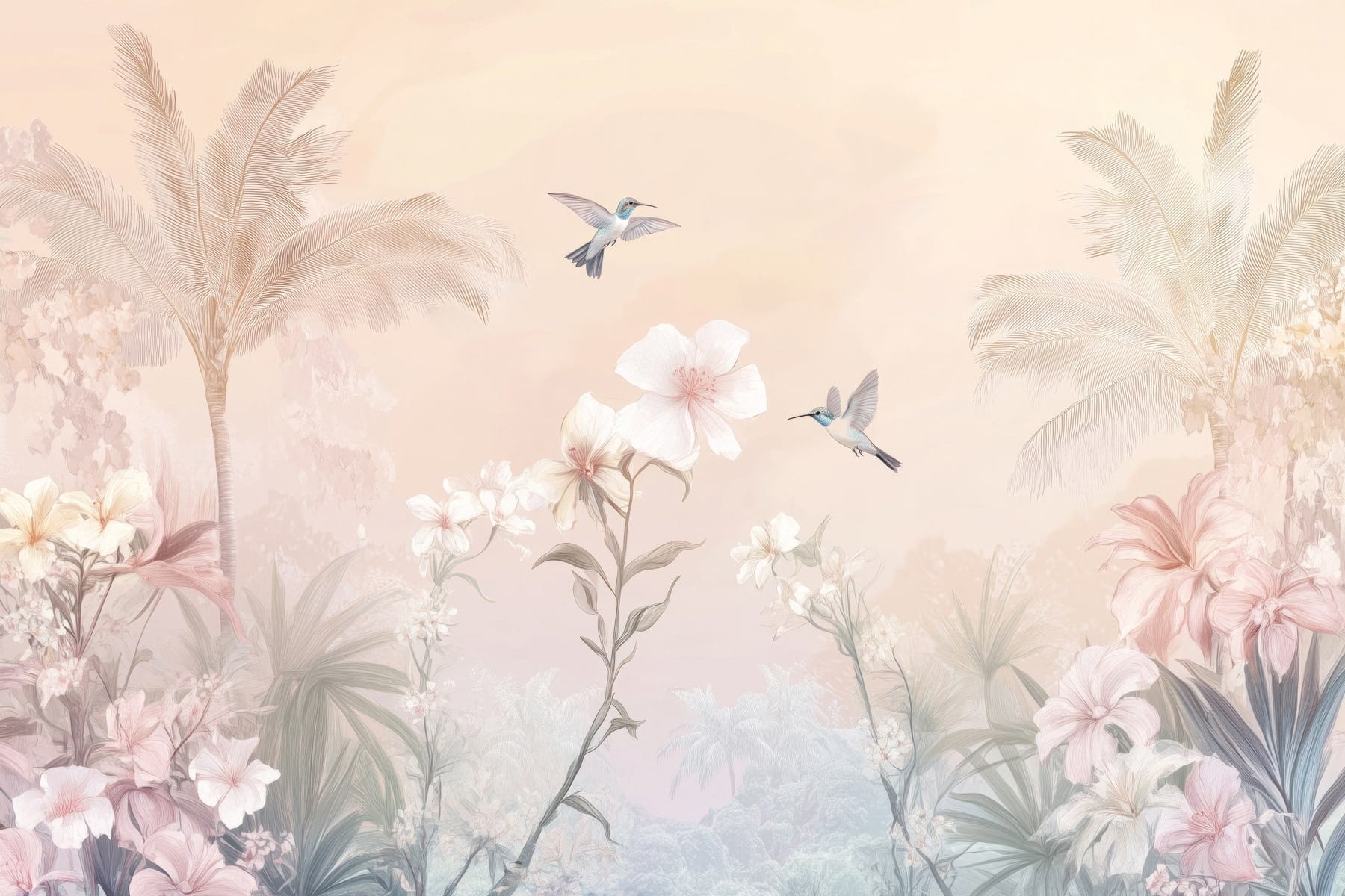 Group of birds flying over flowers Group of birds flying over flowers