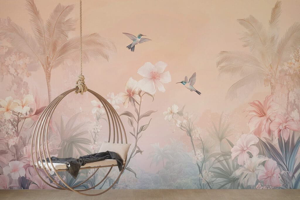 Group of birds flying over flowers Group of birds flying over flowers