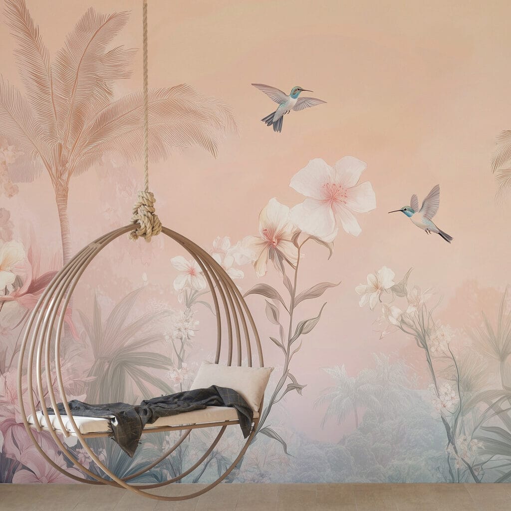 Group of birds flying over flowers Group of birds flying over flowers