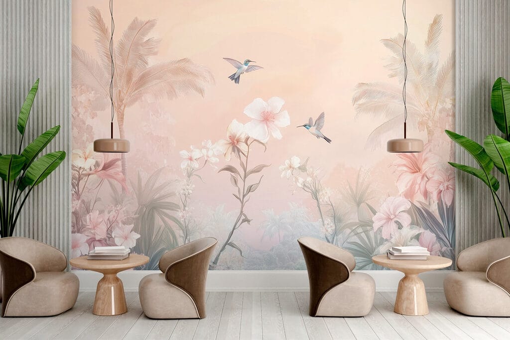 Group of birds flying over flowers Group of birds flying over flowers