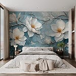 Pintura de flores blancas sobre fondo azul Fotomurales Pintura de flores blancas sobre fondo azul