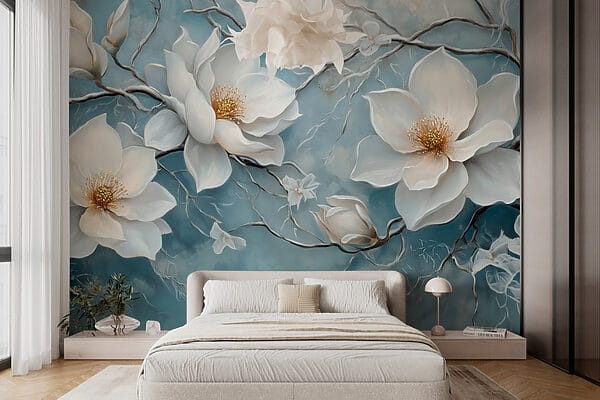 Painting of white flowers on a blue background Painting of white flowers on a blue background