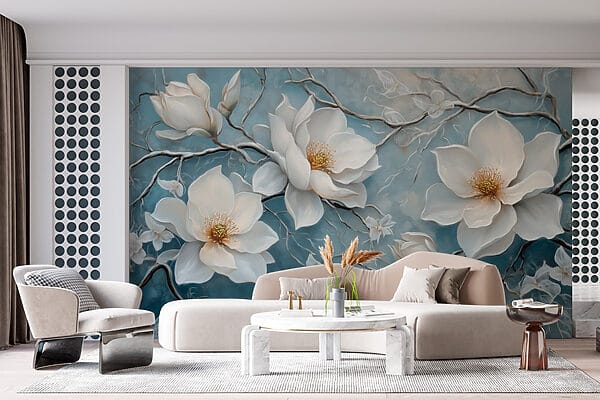 Painting of white flowers on a blue background Painting of white flowers on a blue background