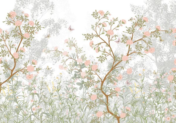 Pintura de un árbol con flores y mariposas Pintura de un árbol con flores y mariposas