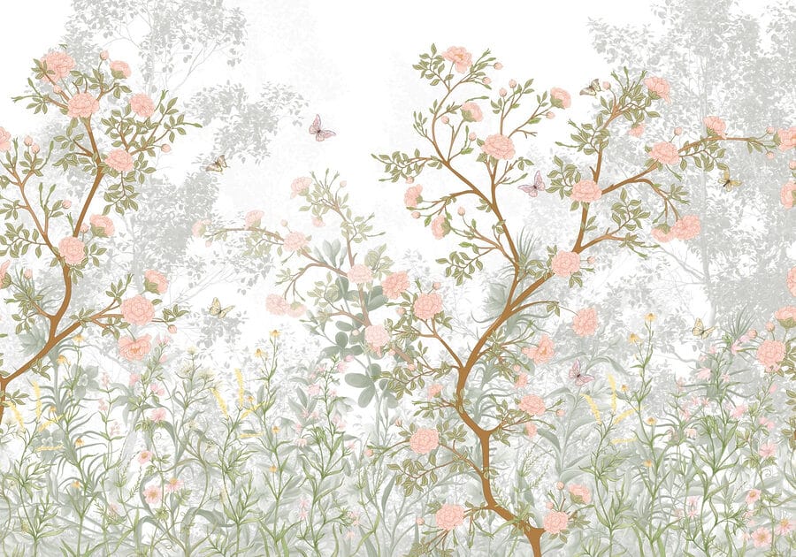 Pintura de un árbol con flores y mariposas