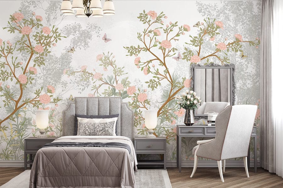 Pintura de un árbol con flores y mariposas