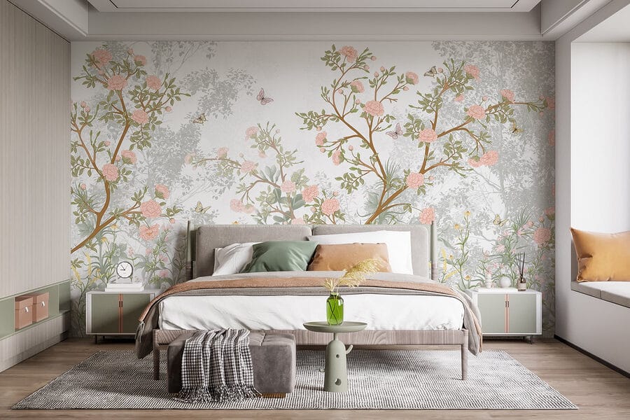 Pintura de un árbol con flores y mariposas