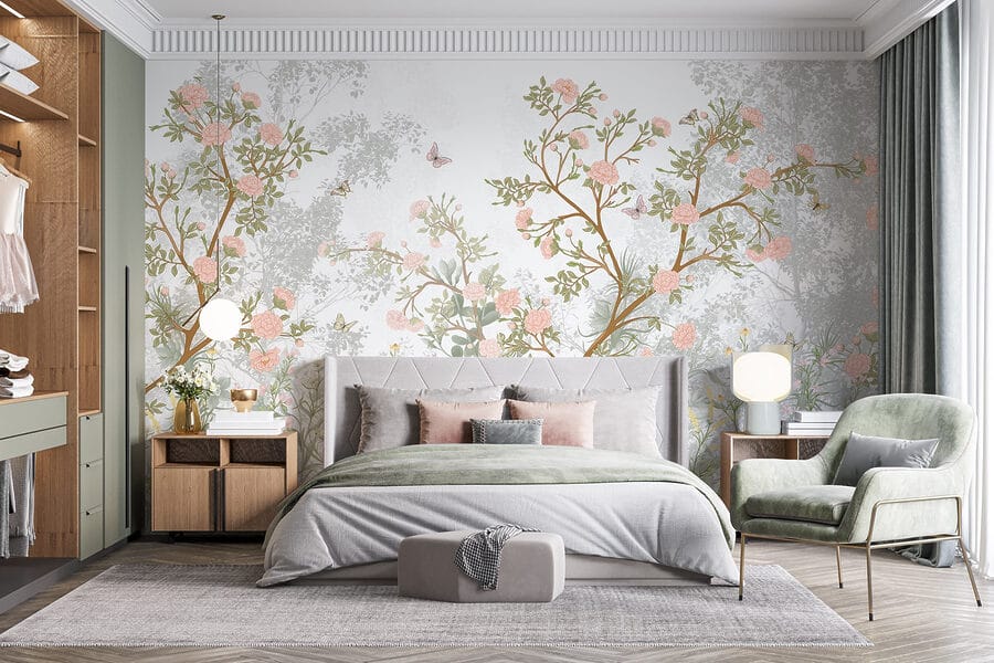 Pintura de un árbol con flores y mariposas