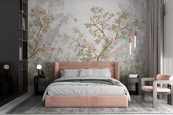 Pintura de un árbol con flores y mariposas Pintura de un árbol con flores y mariposas