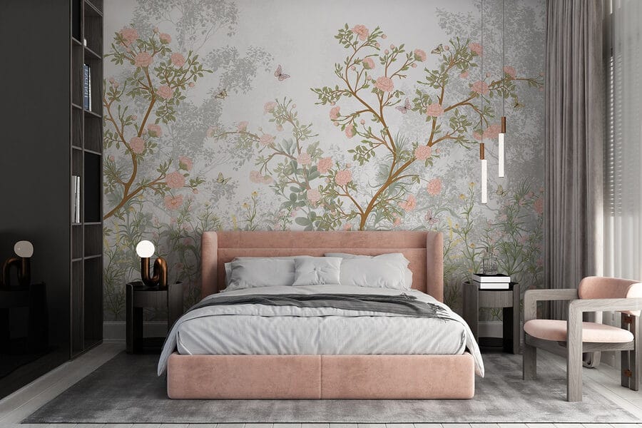 Pintura de un árbol con flores y mariposas
