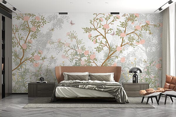 Pintura de un árbol con flores y mariposas Pintura de un árbol con flores y mariposas