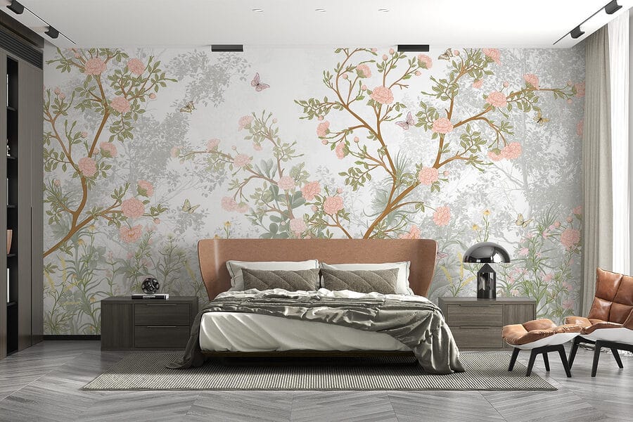 Pintura de un árbol con flores y mariposas