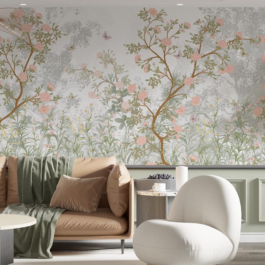 Pintura de un árbol con flores y mariposas