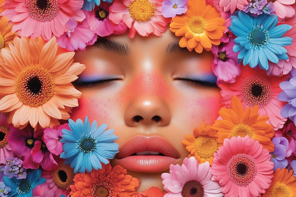 Woman with flowers around her face Woman with flowers around her face