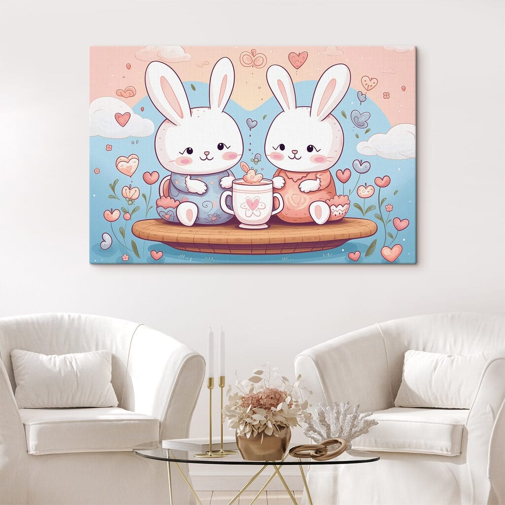 Couple of bunnies sitting on a tray with a cup of tea Couple of bunnies sitting on a tray with a cup of tea
