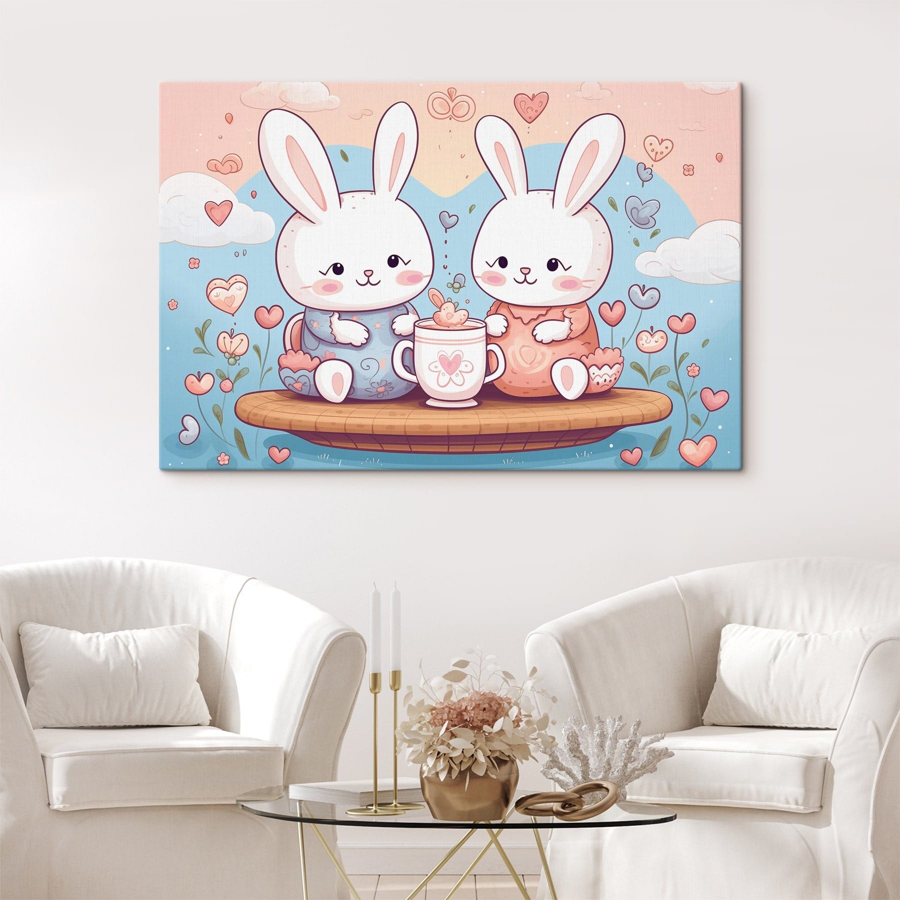 Couple of bunnies sitting on a tray with a cup of tea Couple of bunnies sitting on a tray with a cup of tea