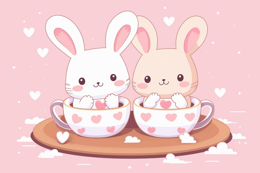 Two cartoon rabbits in tea cups Two cartoon rabbits in tea cups