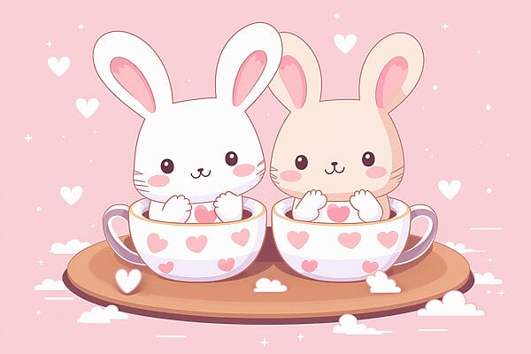 Two cartoon rabbits in tea cups Two cartoon rabbits in tea cups
