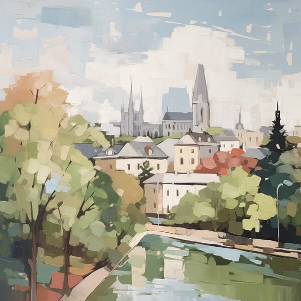 Painting of a city with trees and a river Painting of a city with trees and a river