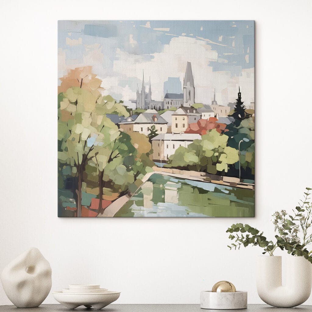 Painting of a city with trees and a river Painting of a city with trees and a river