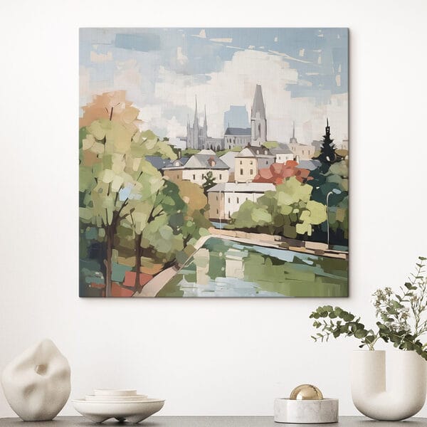 Painting of a city with trees and a river Painting of a city with trees and a river
