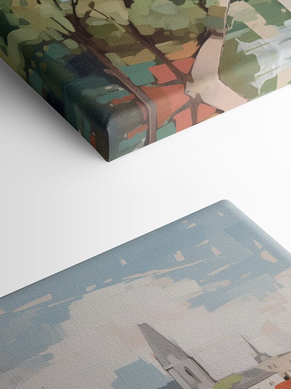 Painting of a city with trees and a river Painting of a city with trees and a river