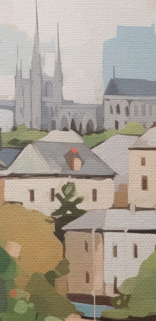 Painting of a city with trees and a river Painting of a city with trees and a river
