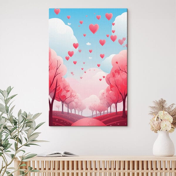 Cuadros Árboles rosas con corazones volando por el cielo (SKU: s42876) Cuadros Cuadros Árboles rosas con corazones volando por el cielo (SKU: s42876)