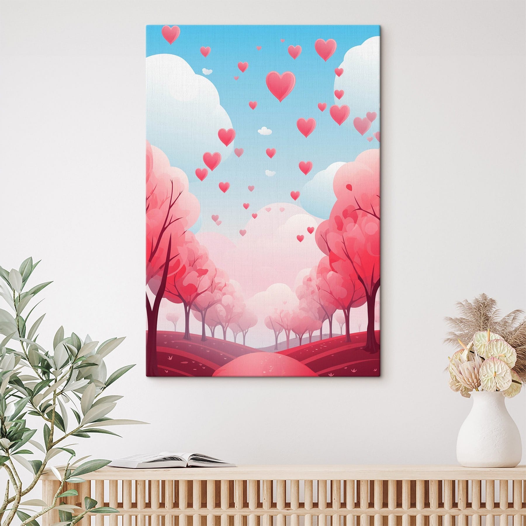 Pink trees with hearts flying in the sky Pink trees with hearts flying in the sky