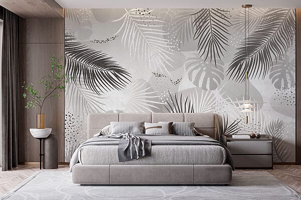 Grey and white background with leaves