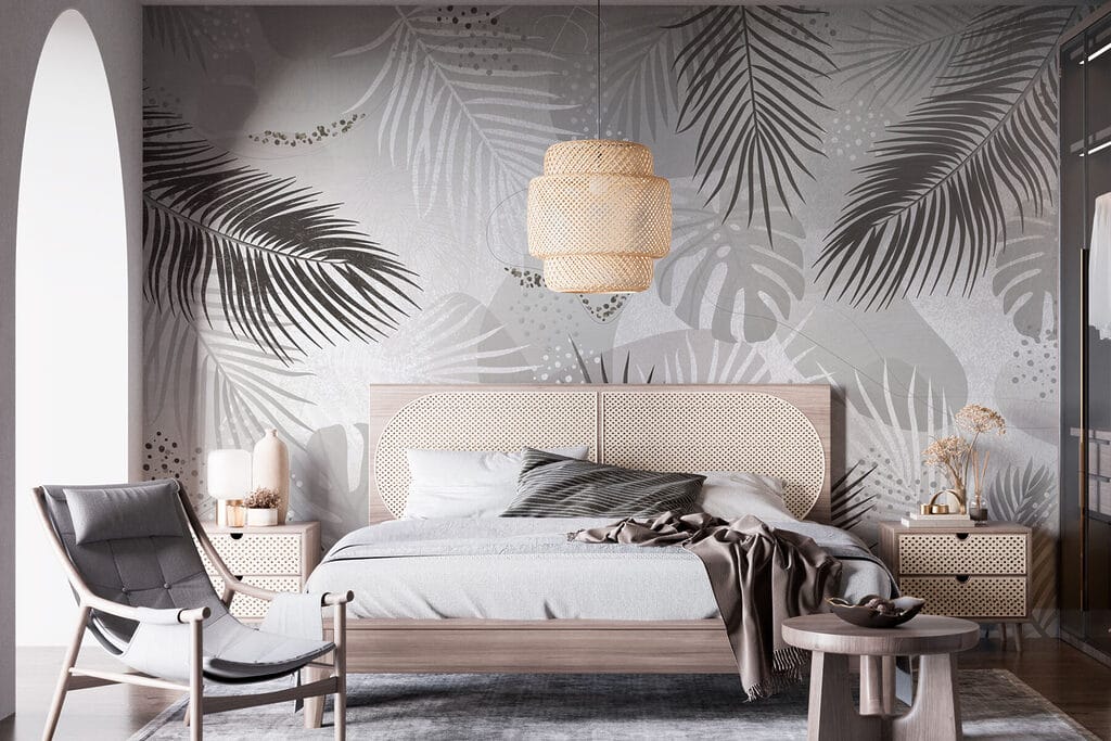 Grey and white background with leaves