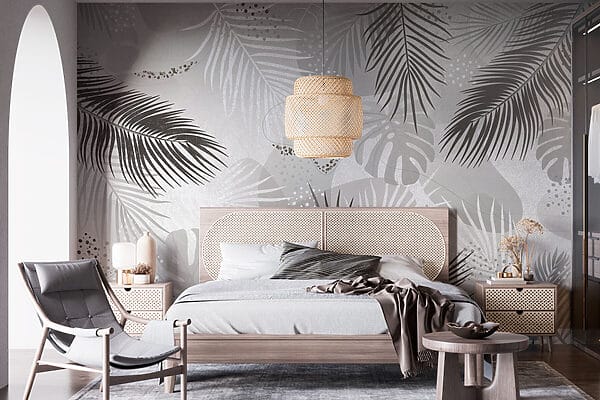 Grey and white background with leaves
