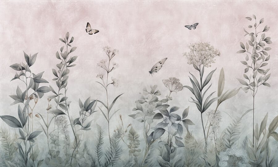 Papel pintado con mariposas y plantas