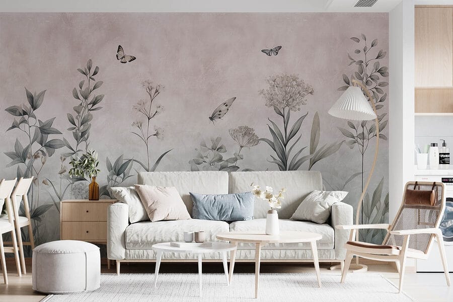 Papel pintado con mariposas y plantas