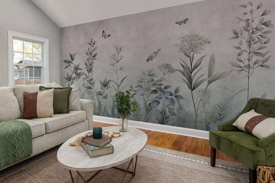Papel pintado con mariposas y plantas