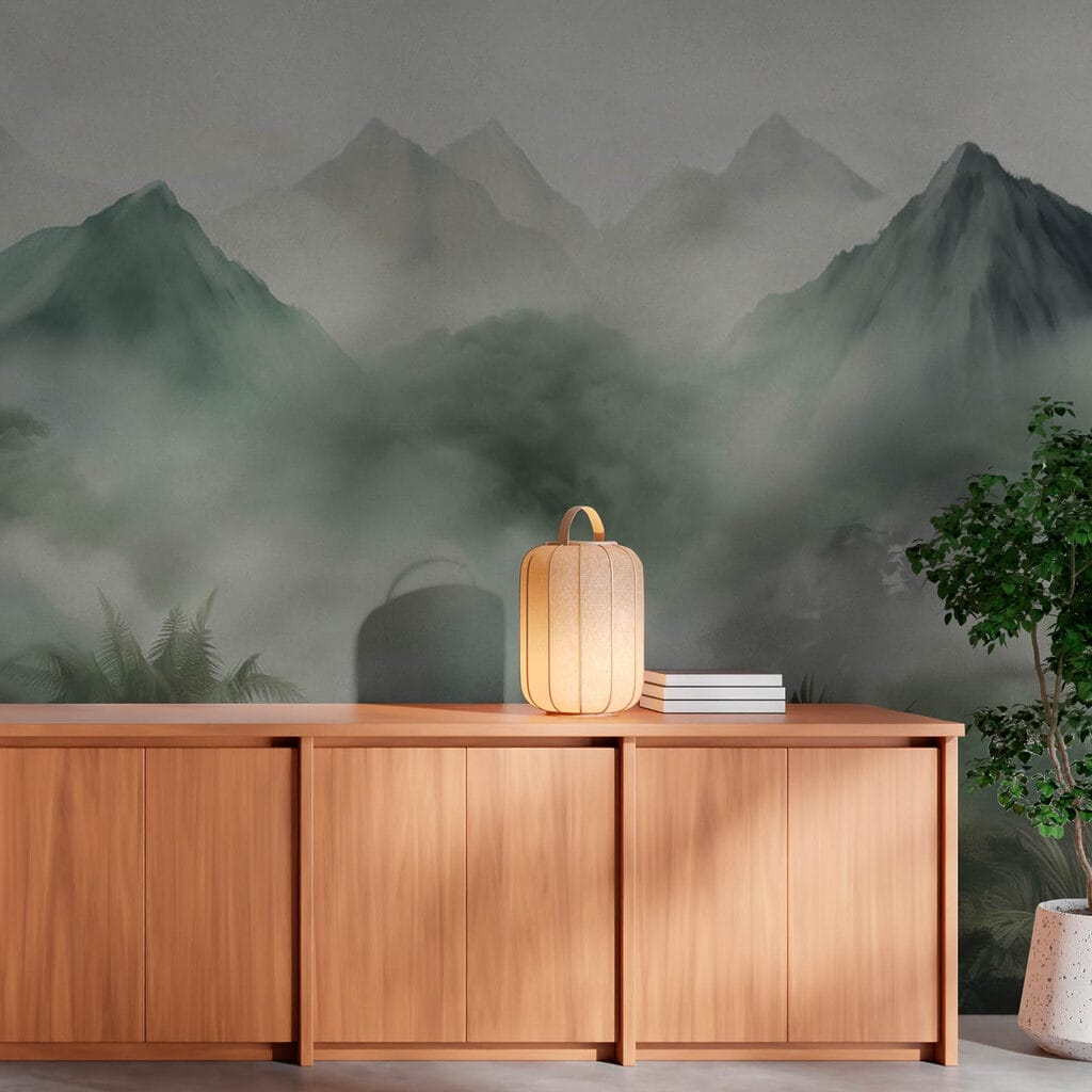 Foggy landscape with mountains and trees