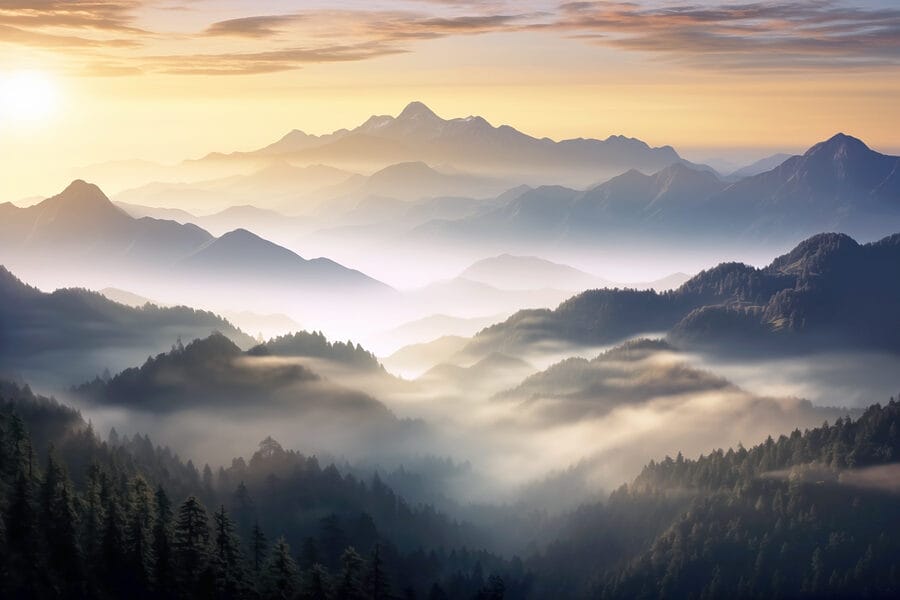 Fotomurales Paisaje de montañas con niebla y árboles - Imagen 6