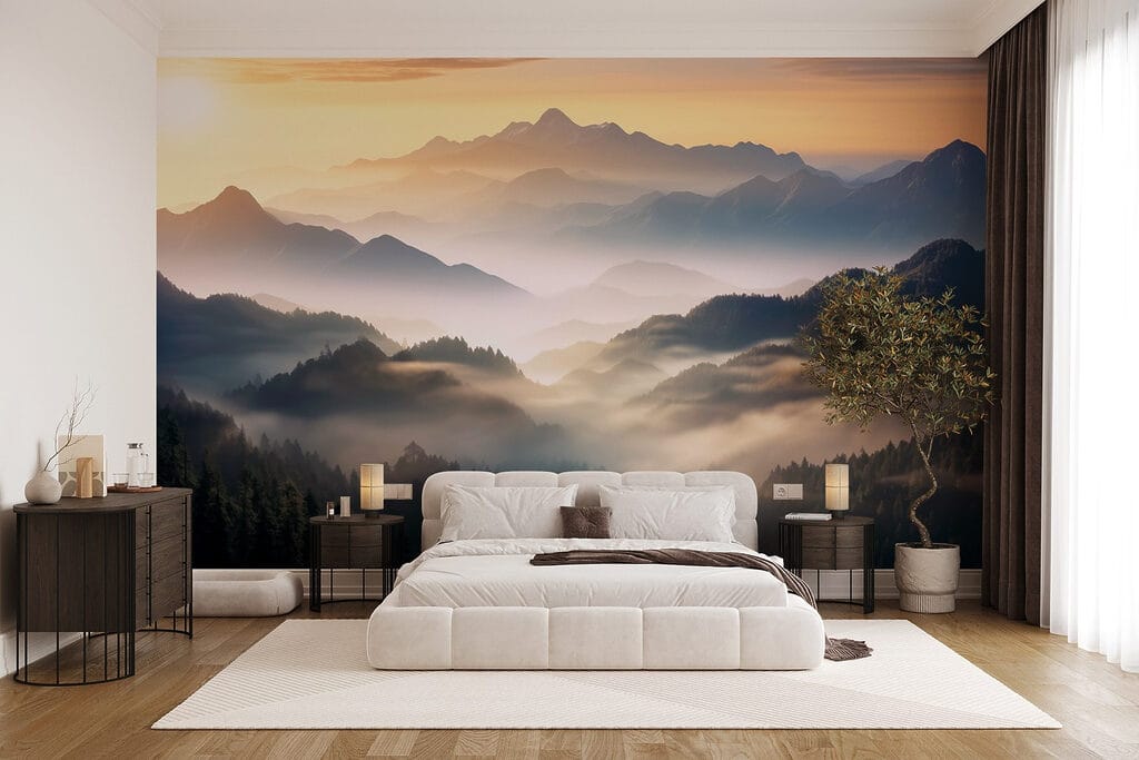 Landscape of mountains with fog and trees