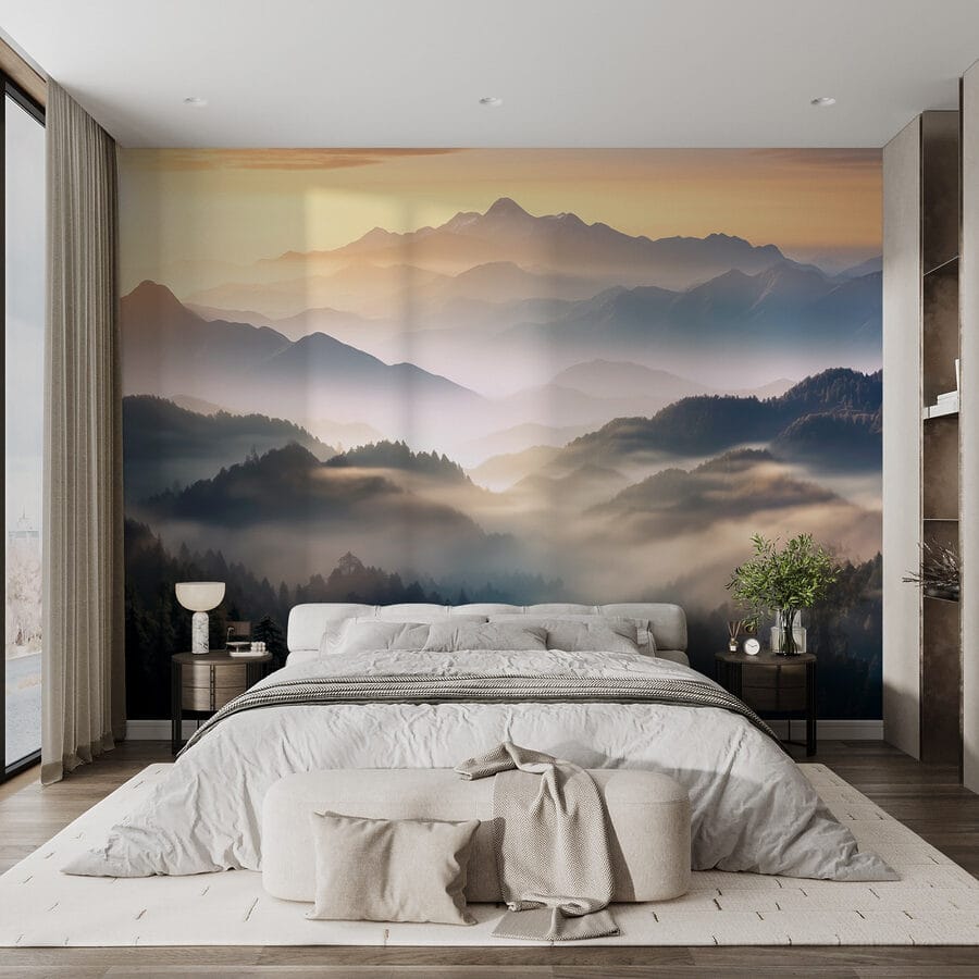 Fotomurales Paisaje de montañas con niebla y árboles - Imagen 3