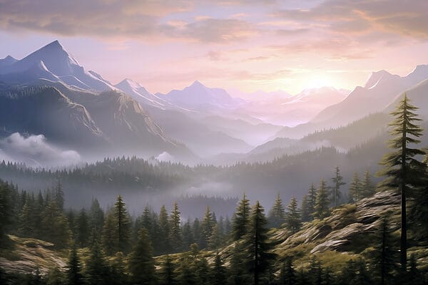 Landscape of mountains and trees