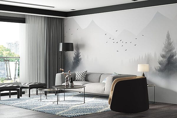 Birds flying over a foggy forest Birds flying over a foggy forest