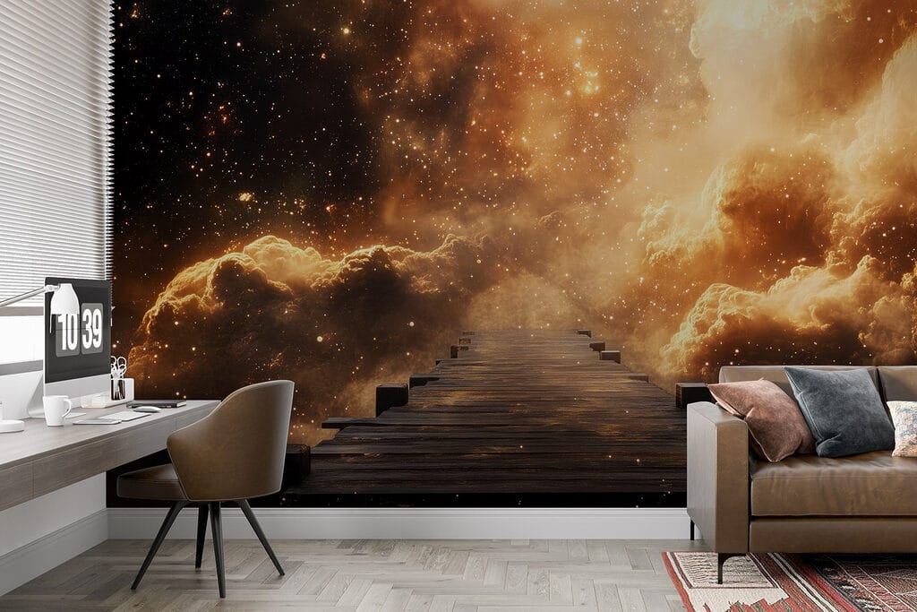 Wooden bridge leading to clouds