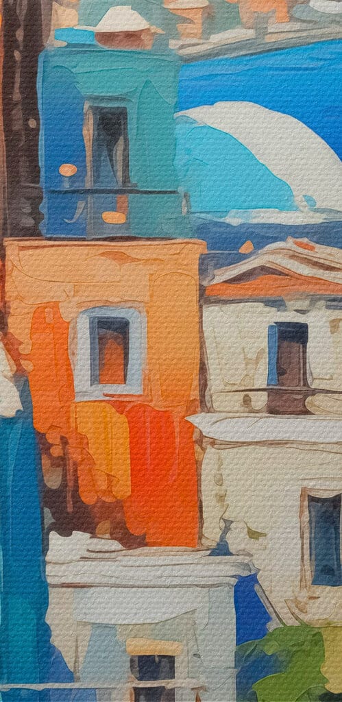 Painting of a city by the water Painting of a city by the water