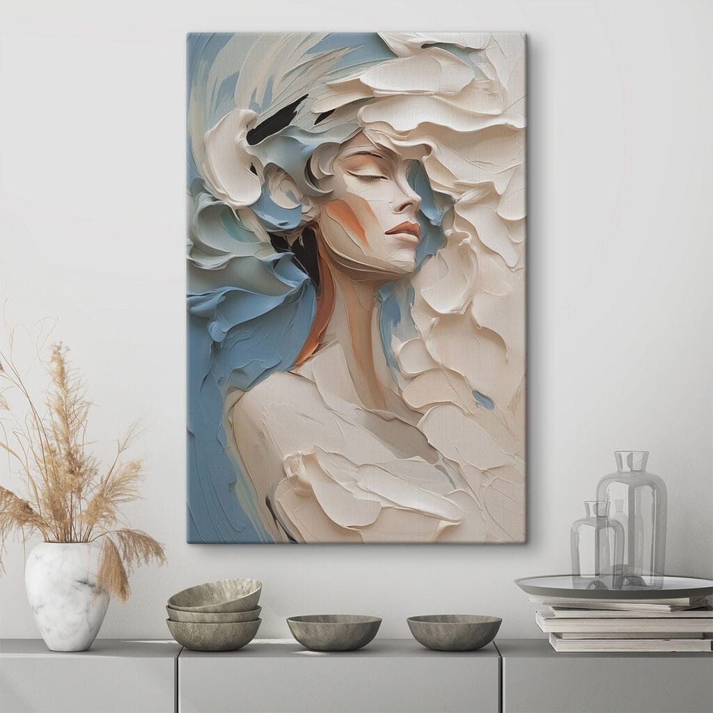 Painting of a woman with white and blue paint Painting of a woman with white and blue paint