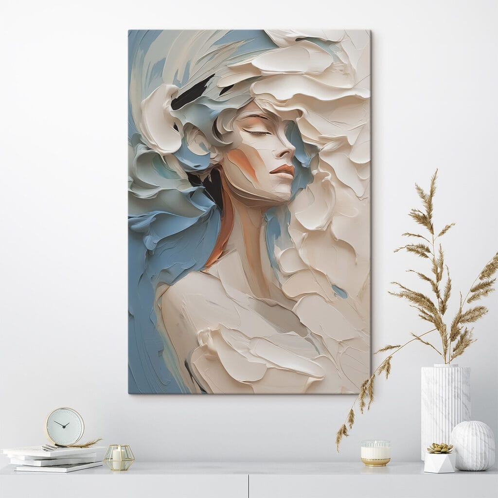 Painting of a woman with white and blue paint Painting of a woman with white and blue paint