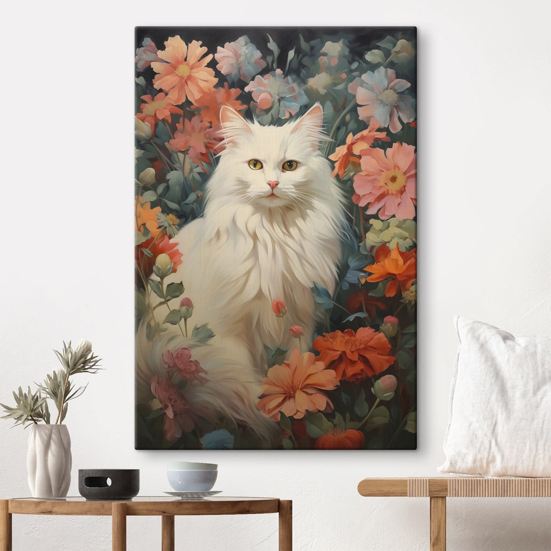 White cat in a flower garden White cat in a flower garden