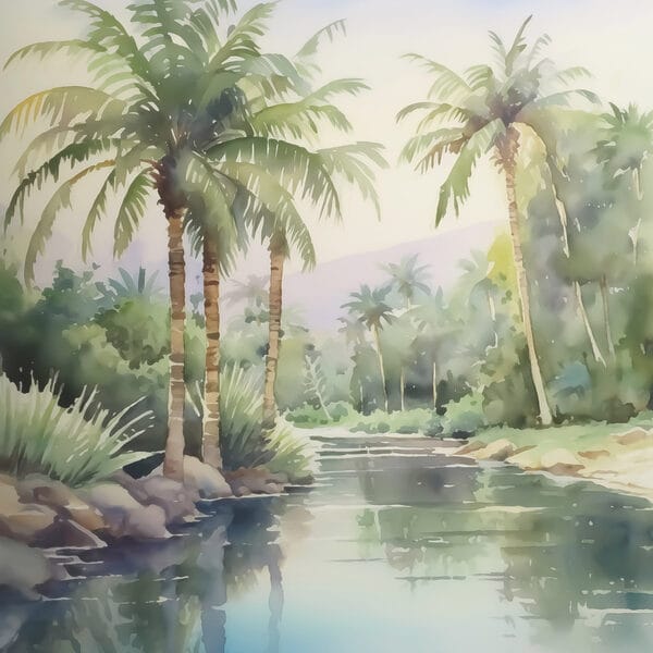 Water with palm trees and rocks Water with palm trees and rocks