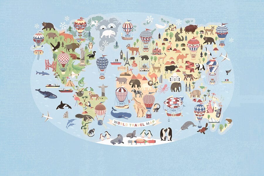 Mapa del mundo con animales