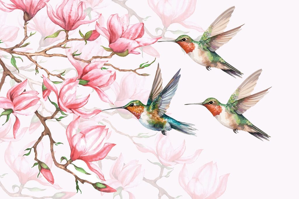 Grupo de colibríes volando junto a flores Grupo de colibríes volando junto a flores